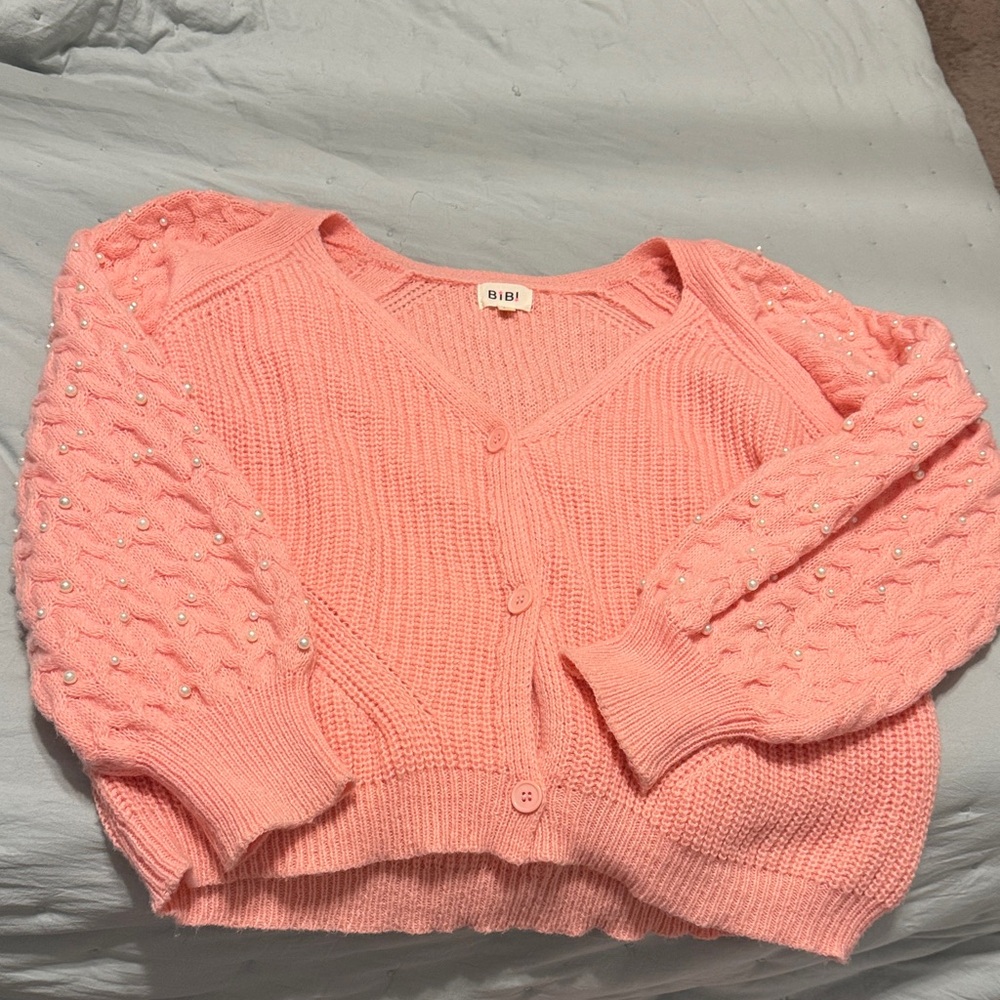 BiBi Coral Cardigan with Pearl Accents size large